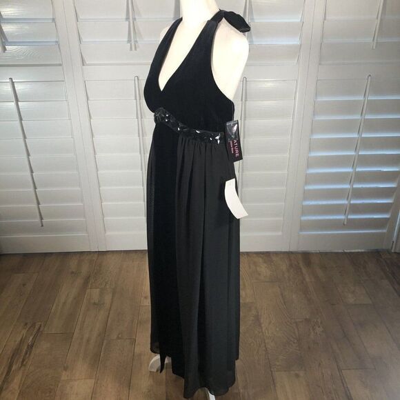 New Signature by Robbie Bee Cocktail Dress 8 Black Halter Velvet Satin Chiffon - Picture 9 of 12